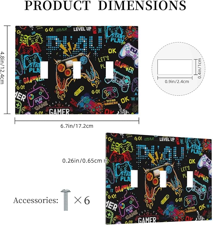 Gamer Video Game Themed Cool Controller Print Decorative Switch Plates 3 Gang Wall Plate Triple Toggle Light Switch Cover Faceplate Electrical Wall Panels for Kids Room Office Decor