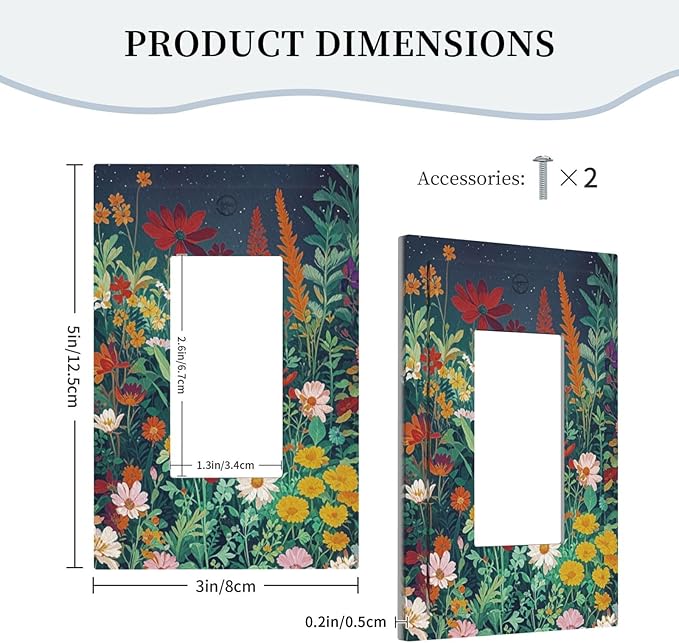 Decorative Light Switch Cover Plate with Wildflowers & Stars Botanical Floral Art Design 1 Gang Rocker Outlet Covers Single Decora Gfci Device Wall Plate for Garden Theme Wall Decor
