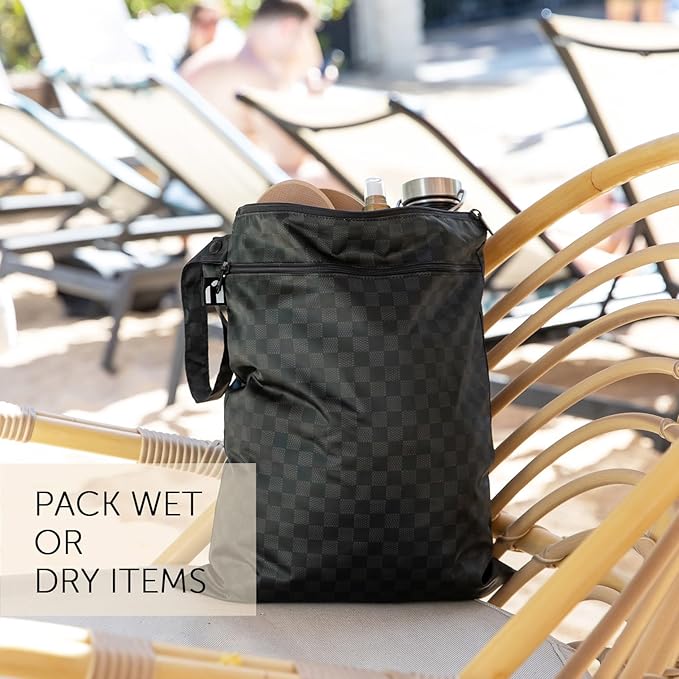 Bumkins Roamio Waterproof Wet Dry Bag for Baby, Travel, Swim Suit, Cloth Diapers, Pump Parts, Pool, Beach, Gym Clothes, Toiletry, Hook to Stroller, Daycare, Zipper Reusable Wetdry Packing, Black Check