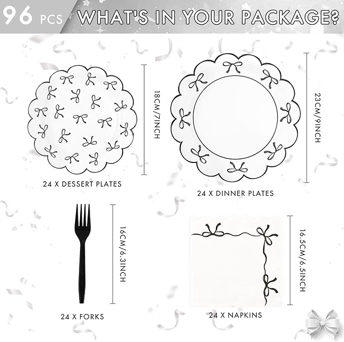 CANREVEL 96 PCS Black Bow Party Plates Serve 24, Bow Plates and Napkins Forks Set, Disposable Tableware for Bow Birthday Supplies Black Party Decorations for Grils Kids Women