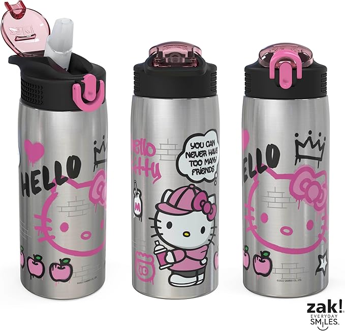 Zak Designs Sanrio Water Bottle for Travel and At Home, 19 oz Vacuum Insulated Stainless Steel with Locking Spout Cover, Built-In Carrying Loop, Leak-Proof Design (Hello Kitty)