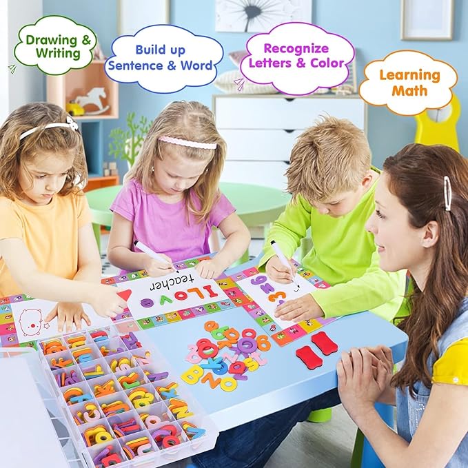 240Pcs Magnetic Letters Numbers for Classroom School Supplies Alphabet Magnets Fridge Foam Letters for Kids with Magnet Board Homeschool Preschool Educational Toys for Toddlers Spelling & Learning ABC