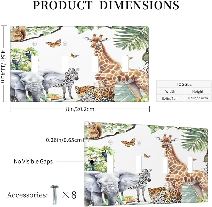 Elephant Giraffe Jungle Animals Leopard Zoo Light Switch Covers Quad Toggle Electrical Faceplate 4 Gang Wall Plate Decorative Switch Plates Cover for Kids Room Nursery Decor