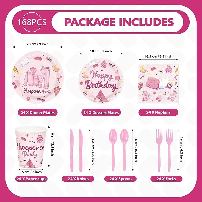 168Pcs Sleepover Party Supplies for Girls Pajama Birthday Plates Napkins Cups Forks Knives Spoons Hot Pink Slumber Spa Paper decor Tableware for Girls Birthday Night Slumber Party Supplies Serves 24