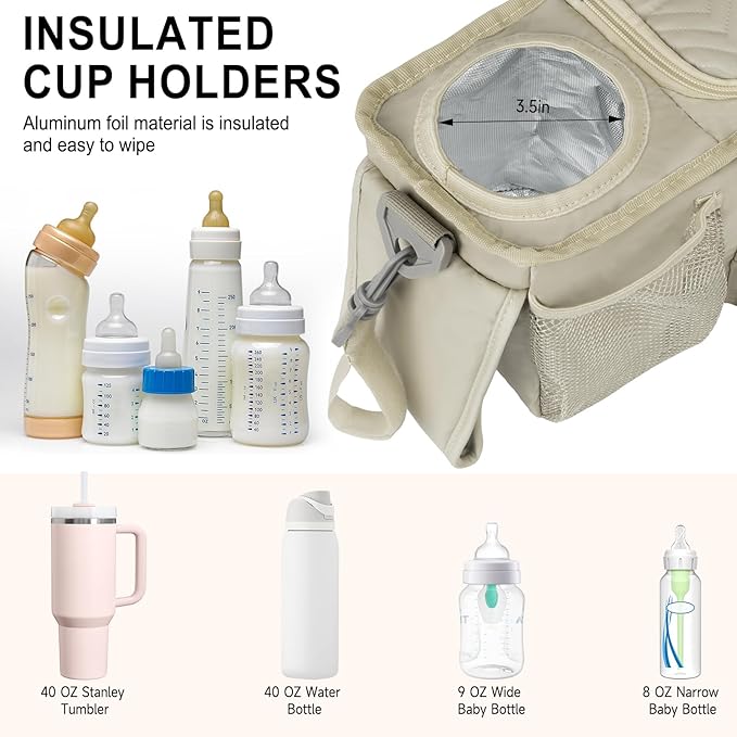 Universal Stroller Organizer with Insulated Cup Holders,Large Capacity Non-Slip Stroller Caddy Bag Fits for Uppababy/Doona/Jogger/Britax/Mompush/BoB with Anti-Sag Hard Bottom and Wet Wipes Pocket