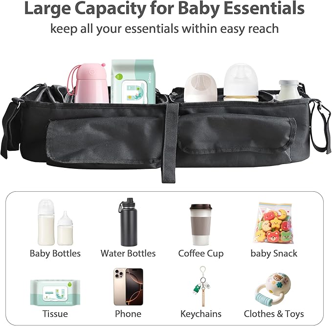 Double Stroller Organizer, Parent Console Double Baby Stroller Accessories Compatible with Jeep, for Bob Duallie, for City Mini GT2, Baby Travel Essential Storage Attachment, Black