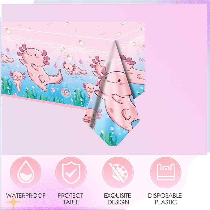 41Pcs Pink Axolotl Birthday Party Supplies Reptile Animals Theme Tableware Set Cartoon Axolotl Party Disposable Plates,Napkin,Tablecloth丨Baby Shower Boys Girls Birthday Decorations Supplies,Serves 20