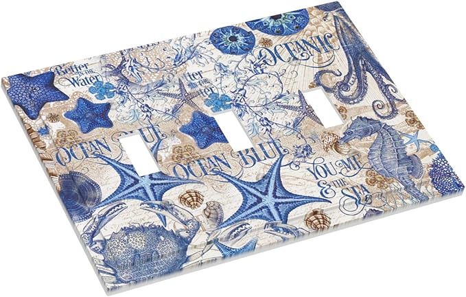Decorative Switch Plates Vintage Sea Blue Seahorse Starfish Octopus 3 Gang Wall Plate Triple Toggle Light Switch Cover Faceplate Electrical Wall Panels For Kids Room Home Decor