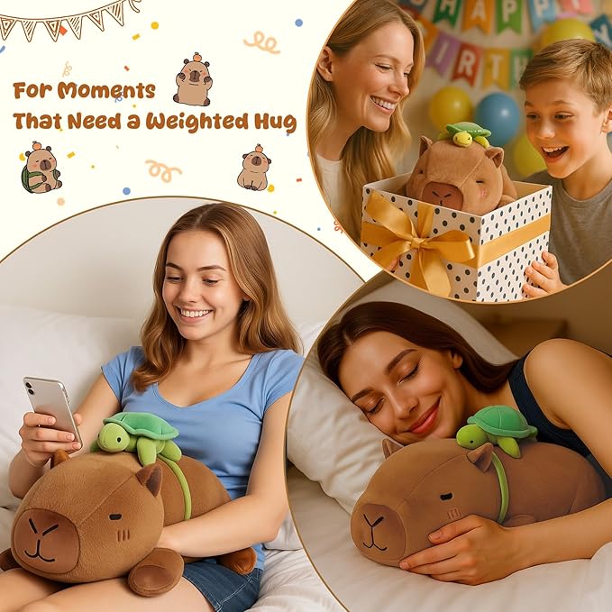 SQEQE Weighted Stuffed Animals Capybara Plush, Weighted Capybara Stuffed Animals with Turtle Backpack, Soft Pillow Toy for Kids Adults, Valentines Gifts, Birthday Presents 13.8 Inch, 1.7 Lbs