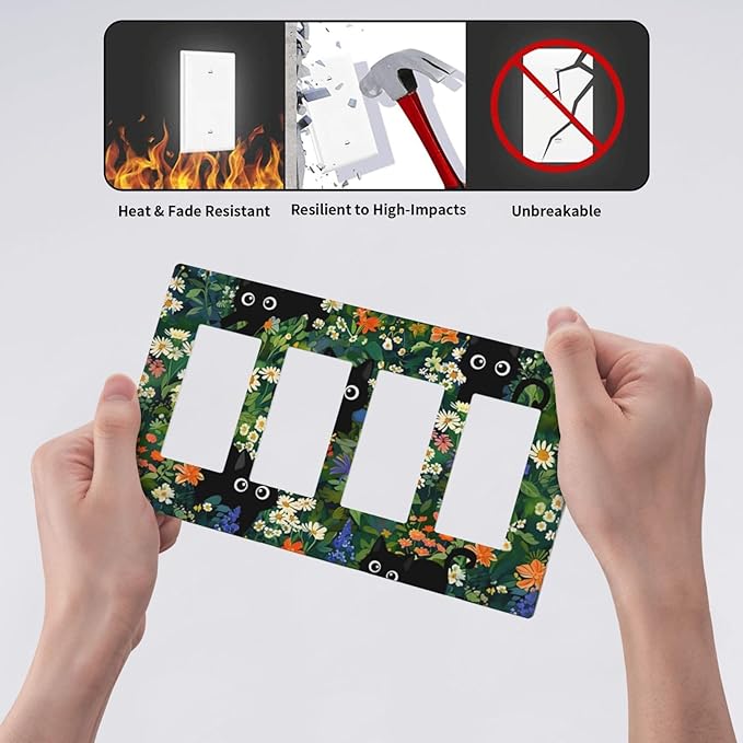 Colorful Lovely Cartoon Cats 4 Gang Screwless Quad Decorator Wall Plate Cool Funny Floral Kitten Kid Boy Electrical Quadruple Device Rocker/Gfci Dimmer Receptacle Outlet Light Switch Cover Face Plate