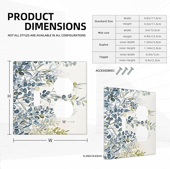 Decorative Switch Cover Plate with Green & Blue Watercolor Eucalyptus Botanical Foliage Design Toggle Duplex Wall Plate 2 Gang Light Switch Cover Outlet Covers for Contemporary Living Room