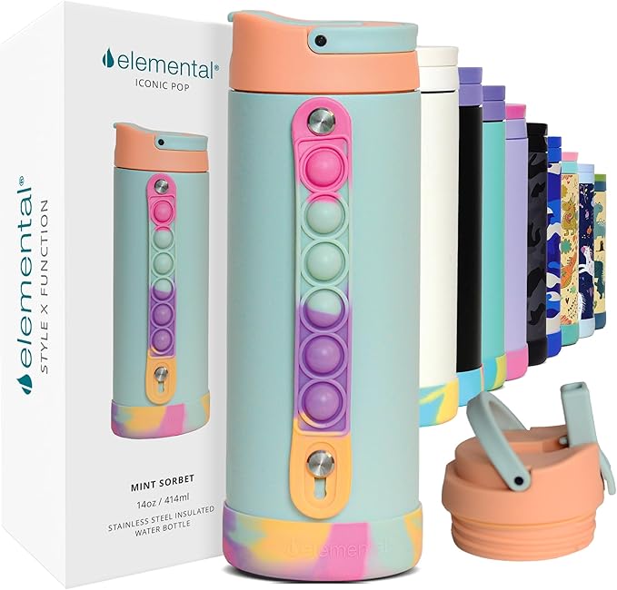 Elemental Iconic Kids Water Bottle for School - 100% Leak-Proof Insulated Water Bottles with Straw Lid & Pop-It Handle for Boys & Girls - Triple-Wall Insulated & BPA-Free, 14oz – Mint Sorbet
