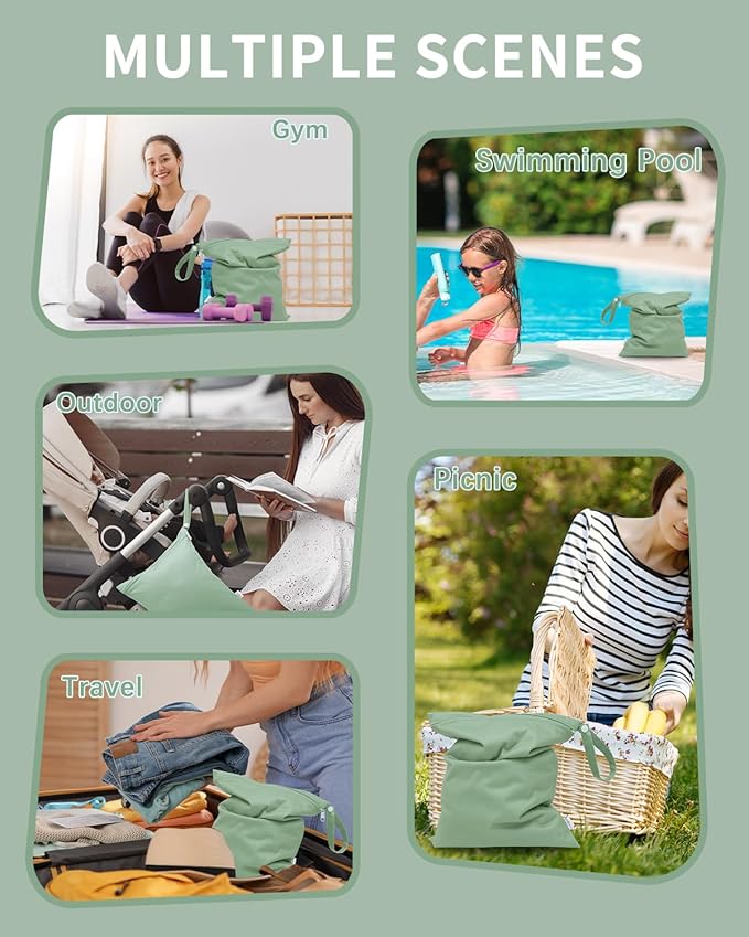 babygoal Wet Bag for Swimsuits, Waterproof Bag for Travel, Food Storage, Stroller, Daycare, Baby Diapers, Yoga, Beach, Pool, Wet Clothes-Bean Green