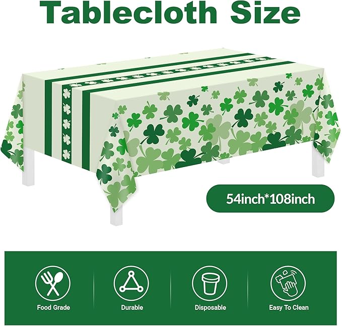 Childom St Patricks Day Party Supplies Decorations,147 Pcs Disposable St Patricks Day Tableware Set with Green Plastic Tablecloth Knives Fork,Paper Plates Napkin Cups for St Patrick's Day Decorations