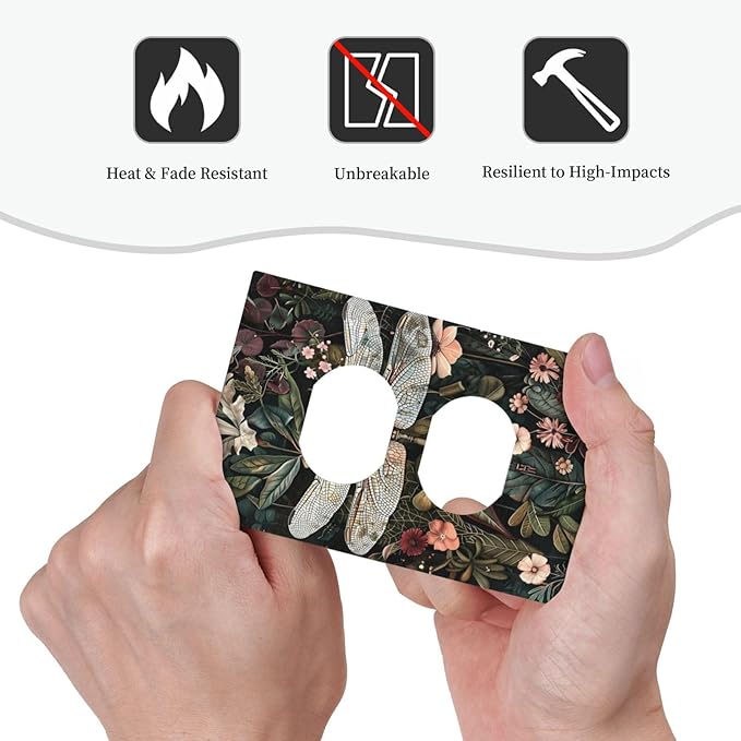 Vintage Dark Green Dragonfly Flowers Floral Botanical Outlet Covers 1 Gang Duplex Light Switch Cover Decorative Switch Plates Electrical Receptacle Faceplate Wall Plate for Farmhouse Home Decor