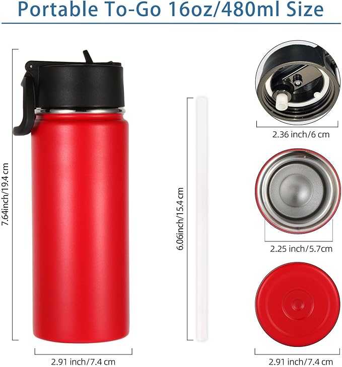 Volhoply 16 OZ Kids Water Bottle Bulk 2 Pack,Insulated Sports Bottles with Straw Lid,Stainless Steel Bottle with Handle Keep Cold & Hot,Double Wall Vacuum Tumbler Cups for School,Girls(Red, 2)