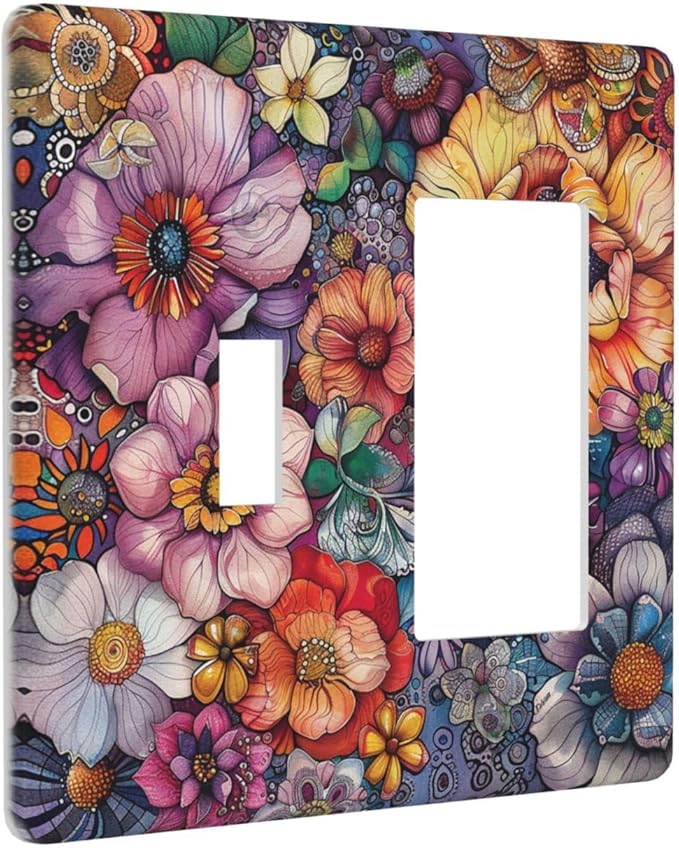 Outlet Covers Colorful Bohemian Flowers Vintage Boho Floral 1 Toggle 1 Rocker Combination Decorative Wall Plate Electrical Switch Plates Light Switch Cover Plate for Bed Room living Room