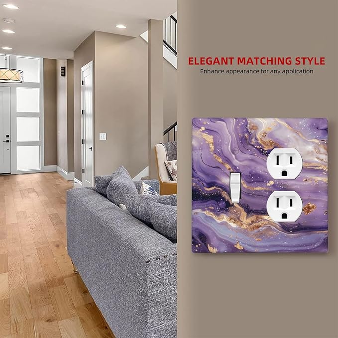 Luxury Marble Texture Purple And Gold Abstract Print Wallplates 1 Toggle 1 Duplex Switch Plate Electrical GFCI Faceplate Decorative Light Switch Covers for Bathroom Home Decor