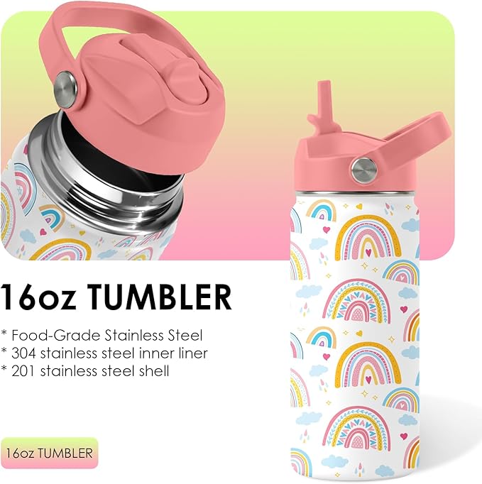 16oz Rainbow Tumbler Cup with Handle and Straw - Pink Stainless Steel Water Bottle for Women Men - Insulated Double Wall Travel Mug, Sweatproof, Non-Slip Base - Birthday Gift Ideas