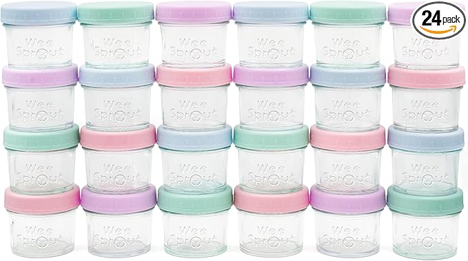 WeeSprout Baby Food Storage Glass Jars w/Lids (4 oz, 24 Pack) Pastel Variety, Snack, Reusable Small Containers, Fridge or Freezer, Microwave & Dishwasher Safe, Essentials for Infants