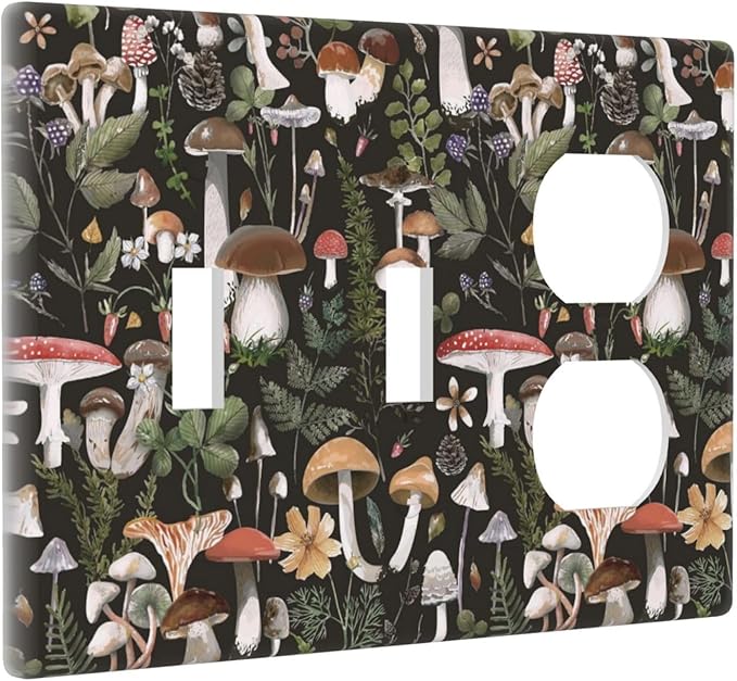 Black Boho Moth Botanic Mushroom 3-Gang 2-Toggle 1-Duplex Receptacle Combination Light Switch Decorative Triple Combo Device Switches/Rocker Outlet Covers and Wall Plate