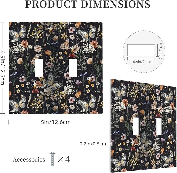 Butterfly 2 Gang Double Toggle Wall Plates Vintage Flower Leaves Light Switch Cover Decorative Dark Backgrounds Electrical Switchplate Faceplate Cute Bees Dimmer Decor for Bedroom Kitchen Bathroom