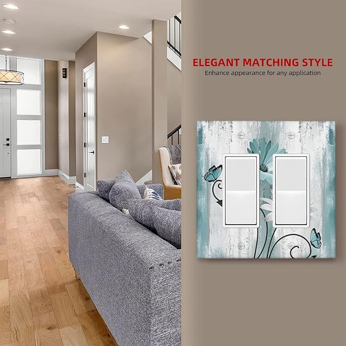 Decorative Outlet Covers Teal Daisy Floral Butterfly Vintage Wood 2 Gang Double Rocker Light Switch Cover Decorative Switch plates Electrical Wallplates GFCI Receptacle for Bathroom Bedroom