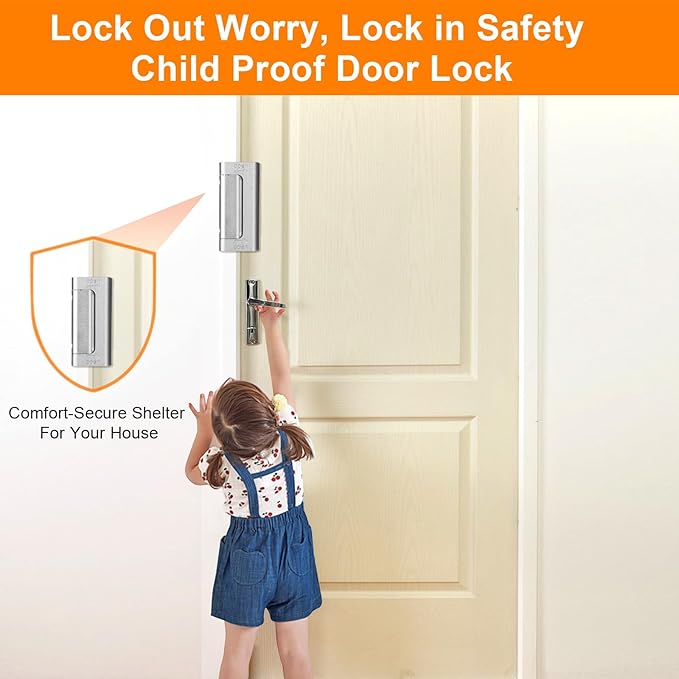 Home Security Door Reinforcement Lock, Upgraded Front Door Locks for Kids Safety Withstand 800 lbs, Child Proof Door Lock, Extra Door Lock from Inside Prevent Unauthorized Entry (2 Pack, Silver)