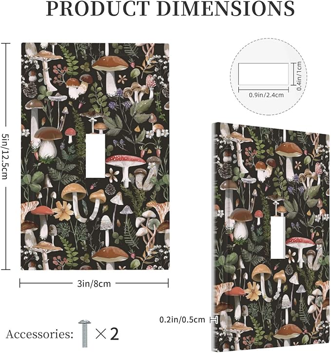 Cute Vintage Gothic Black Boho Mushroom Decorative Light Switch Cover 1-Gang Plant Fungus Forest Botanical Floral Single Toggle Wall Plate Electrical Device Outlet Switch Faceplate Cover Jumbo Size