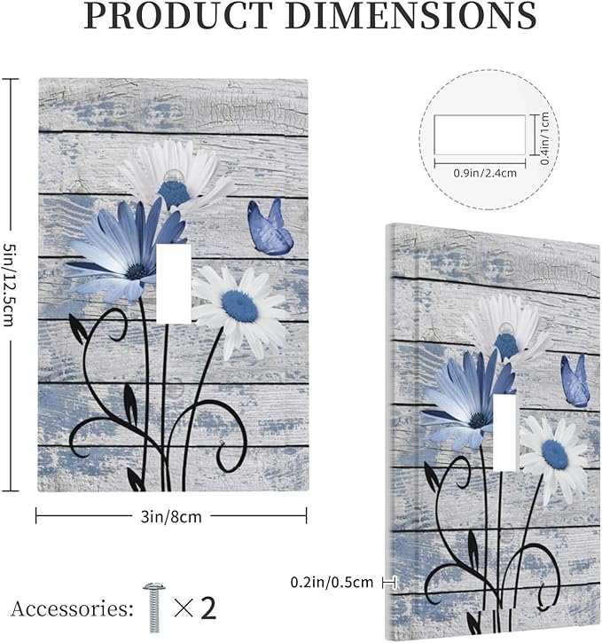 Blue White Daisy Flower Butterfly Rustic Wood Board Decorative Light Switch Cover 1 Gang Single Toggle Device Electrical Faceplate Switchplates Decorator Outlet Wall Plate for Farmhouse Bedroom Decor