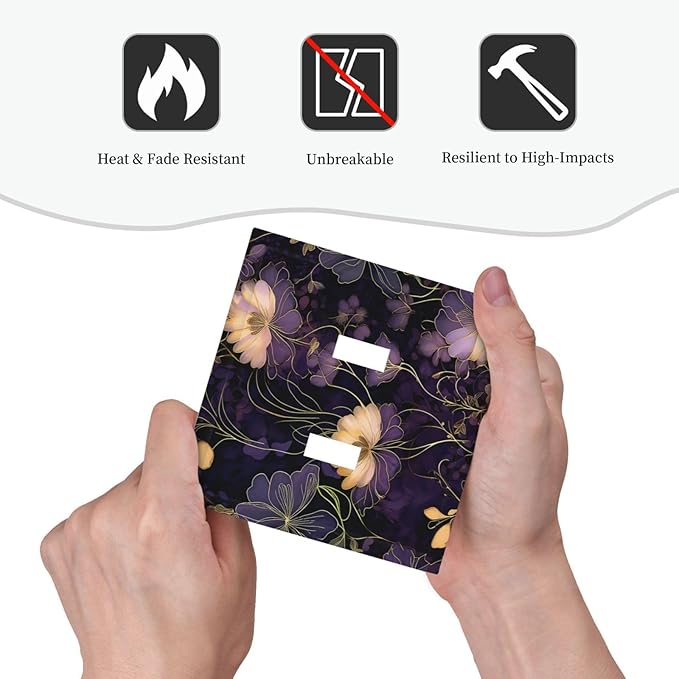 Modern Boho Vintage Gold Purple Dark Floral Modern Abstract Flowers Decorative Switch Plates 2 Gang Double Toggle Wall Plate Electrical Faceplate Outlet Light Switch Cover for Bedroom Living Room