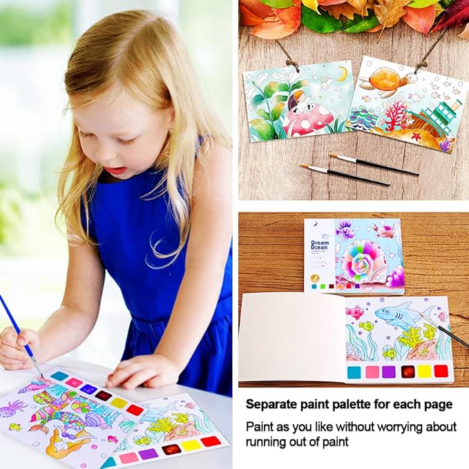 JUNQIU Watercolor Coloring Books for Kids Ages 4-8, Pocket Watercolor Painting Book for Toddlers, Arts and Crafts for Girls Gifts, Stocking Stuffers For Kids