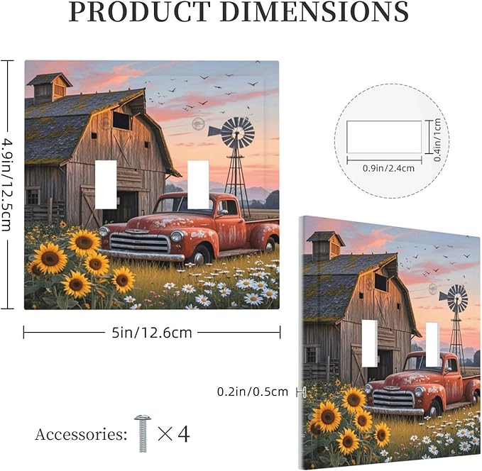 Rustic Barn Red Truck Windmill Sunflower Decorative Switch Plates 2 Gang Double Toggle Outlet Light Switch Cover Wall Plate Electrical Faceplate for Farmhouse Home Decor