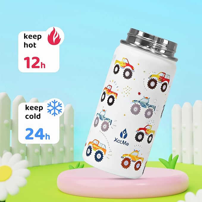 14oz Truck Kids Water Bottle With Straw Lid,Insulated Double Wall Leak Proof & BPA-Free Kids Water Bottle,Stainless Steel Tumbler for Toddlers,Metal Bottle for School Boys Girls