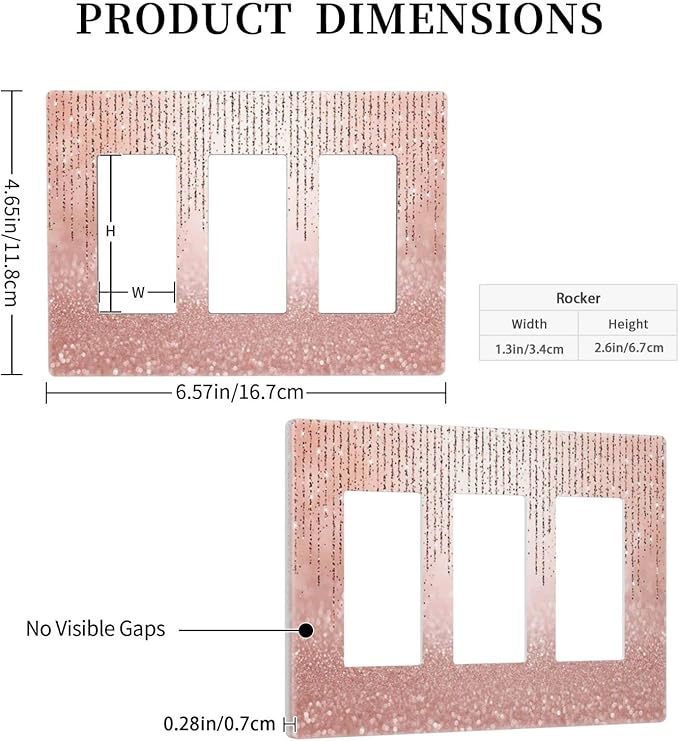 Pink Glittery Bling 3 Gang Triple Rocker/GFCI Light Switch Wall Plate Cover Decorative Electrical Faceplate for Kids Living Room Bedroom Decor Screwless 6.57" x 4.65