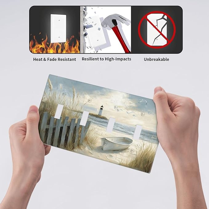 Sea Beach Quad Toggle Light Switch Cover Old Ship Reed Lighthouse Seascape 4 Gang Wall Plate Decorative Electrical Switchplates Covers for Country Bathroom Bedroom Living Room Decor