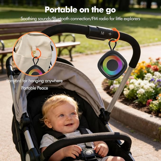 Portable Sound Machine with Color Light, White Noise Machine for Baby, 25 Soothing Sounds, Loud Speaker 28 Levels of Volume, Memory Function, Timer, Flexible Clip, Sleep Sound Therapy for Kids, Adults