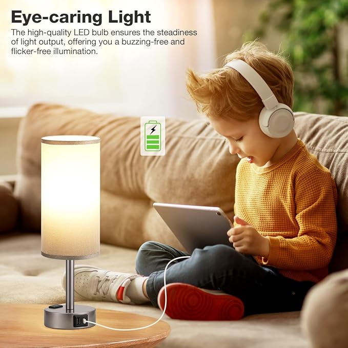 Fenmzee Grey Bedside Table Lamp for Bedroom - 3 Way Dimmable Touch Lamp USB C Charging Ports and AC Outlet, Small Lamp for Living Room, Desk, LED Bulb Included