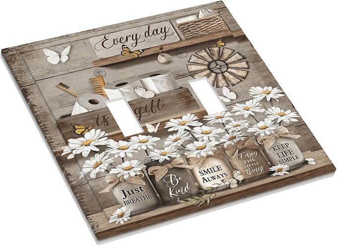 Rustic Daisy Flower Butterfly Inspirational Cottage Decorative Switch Plates 2 Gang Double Toggle Outlet Light Switch Cover Wall Plate Electrical Faceplate for Farmhouse Bedroom Decor