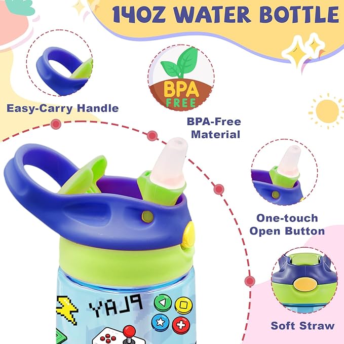 14oz Gamer Kids Water Bottle with Straw Lid - Cool Games Water Bottles for Kids, Leakproof, Lightweight, Durable Plastic Bottles for School, Pop-Up Straw Cover, Gift Cup for Girls Boys(Gamer)