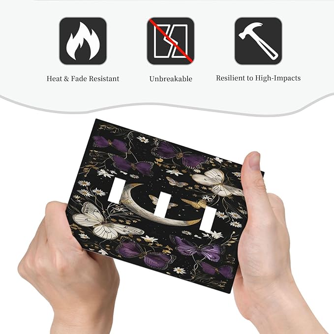 Decorative Light Switch Cover Plate Boho Crescent Moon Butterfly 3 Gang Wall Plate Triple Toggle Switch Plate Covers Electrical Outlet Cover for Bedroom Home Decor