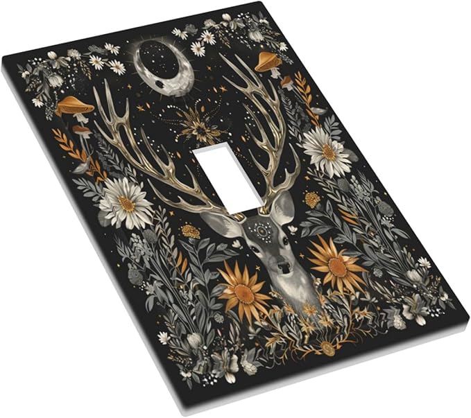 Light Switch Cover Plate Vintage Deer Flowers Moon Natural Plants Floral 1 Gang Single Toggle Decorative Switch Plates Wall Plates Electrical Faceplate for Bathroom Bedroom Decor