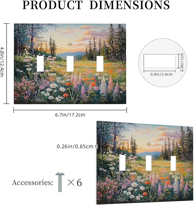 Decorative Switch Plates Floral Landscape Rustic Nature Wildflower 3 Gang Wall Plate Triple Toggle Light Switch Cover Faceplate Electrical Wall Panels For Bed Room Living Room Decor