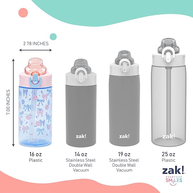 Zak Designs Sage Kids Water Bottle For School or Travel, 16oz Durable Plastic Water Bottle With Straw, Handle, and Leak-Proof, Pop-Up Spout Cover, 2-Pack Set (Berry and Bows)
