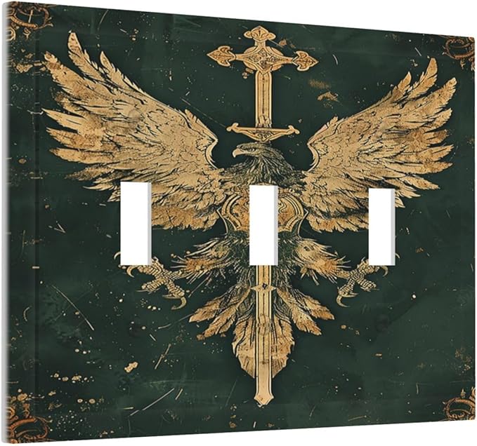 Medieval Retro Golden Eagle Totem Decorative Switch Plates 3 Gang Wall Plate Faceplate Electrical Wall Panels Triple Toggle Light Switch Cover for Bedroom Living Room Decor