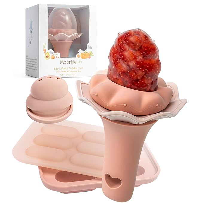 Moonkie Baby Fruit Feeder with Freezer Tray, BPA Free Silicone Food Feeder for Infant Self Feeding, Breastmilk Popsicle Molds, Mesh Feeder with Two Pouches, Baby Shower Gifts 4 Months+, 1 Pack
