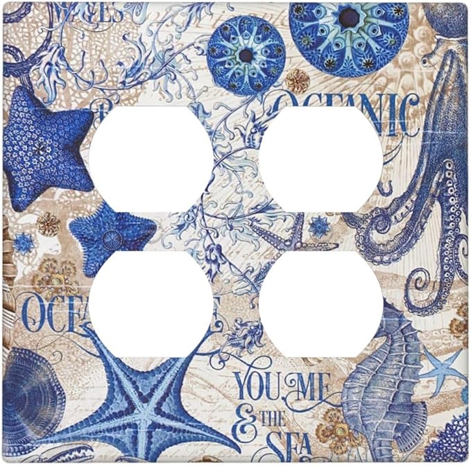 Outlet Covers Vintage Sea Blue Seahorse Starfish Octopus 2 Gang Double Duplex Decorative Light Switch Covers Electrical Wallplates Socket Faceplate For Kids Room Home Decor