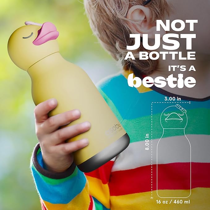 asobu Bestie Bottle Insulated Stainless Steel Water Bottle with Detachable Soft Animal Head Fun Drinking For Kids and Teens with Flexible Reusable Straw 16 Ounce (Duck)