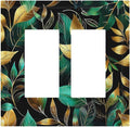 Decorative Outlet Covers Vintage Dark Green Vine Leaf Golden Plants 2 Gang Double GFCI Rocker Electrical Wall Panels Light Switch Cover Plate for Bed Room Cabin Decor