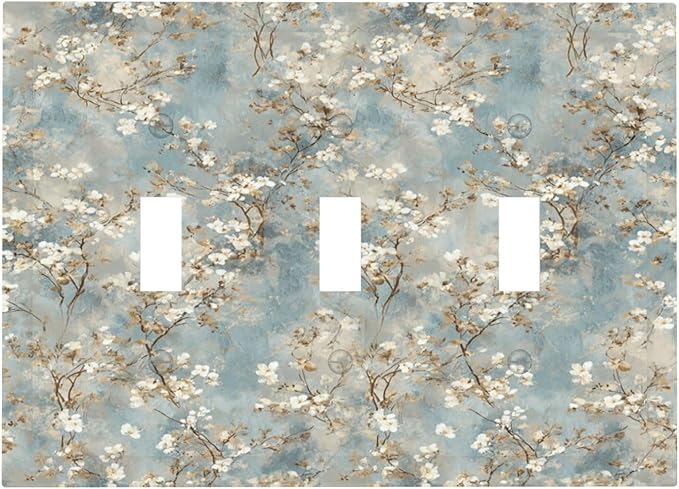 Decorative Light Switch Cover Plate Rustic Blue White Plum Blossom Flower 3 Gang Wall Plates for Electrical Triple Toggle Switch Plate Covers Outlet Covers Faceplate for Bedroom Decor